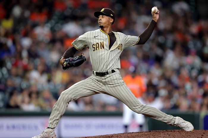 Sep 8, 2023; Houston, Texas, USA; San Diego Padres relief pitcher Ray Kerr (56) delivers a pitch against the Houston Astros during the ninth inning at Minute Maid Park.